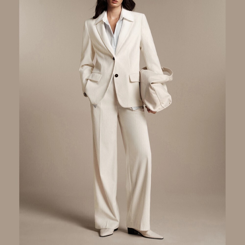 Cream Ribbed Notch Lapel Blazer and Wide Leg Trouser Pantsuit Set